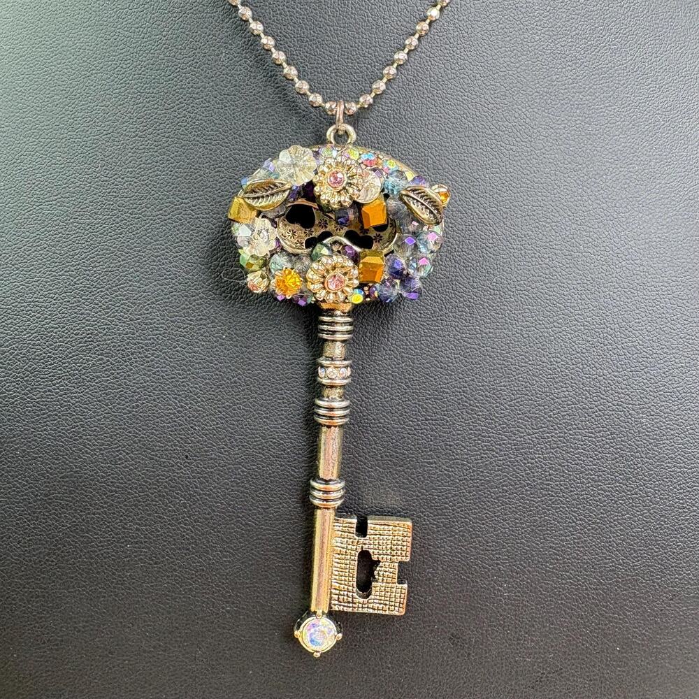Vintage Betsey Johnson Large Chunky Embellished Bling Key Pendant Long Necklace
